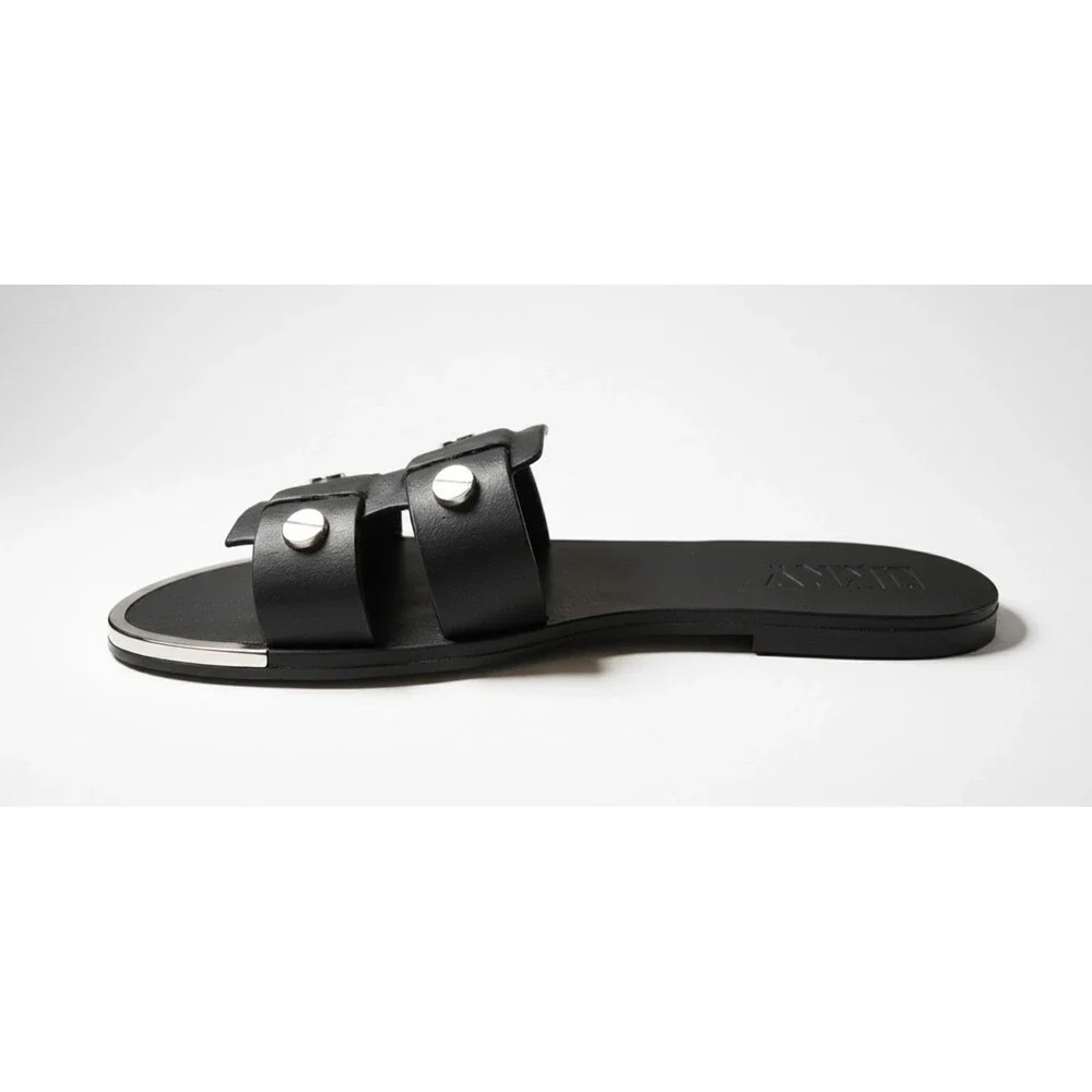 DKNY Glynn Black Leather Studded Slide Sandals Slip On Flats Womens Size 7.5 New